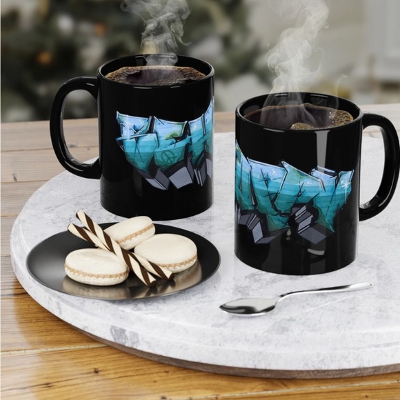 NEW “Be Happy” Graffiti Style Original Art on Black Ceramic Mug 11oz - Picture 1 of 5